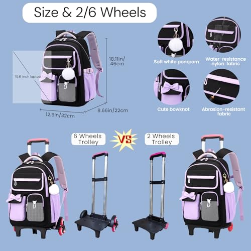 Purple Rolling Backpack for Girls Kids Trolley Rolling School Bag Wheeled Backpack for Elementary School Roller Bookbags on 6 Wheels, Purple - color: 6 Wheels Purple, style: 6 Wheels