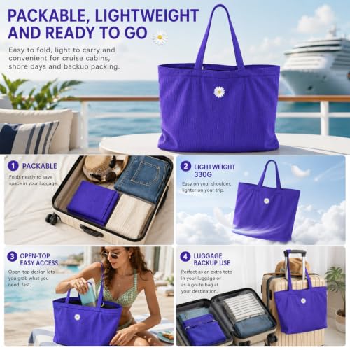 Purple Black Packable Tote Bag for Women with Pockets, Everyday Tote Bag