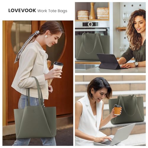 LOVEVOOK 여성용 노트북 토트 - 클러치가 있는 15.6인치 인조 가죽 노트북 가방, 대용량 사무실 지갑 컴퓨터 - color: 다크 그린., size: 15.6인치