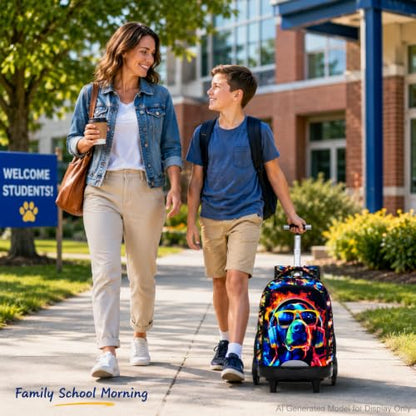 HPJGD Big-Wheel Rolling Backpack for Boys with Lunch Box & Pencil Case - 3-Pack Travel Set Featuring Cool Dog with Sunglasses Design, Water-Resistant & Reflective Wheeled Bookbag for School/Trips - color: Cool Rolling Backpack Sunglasses Dog