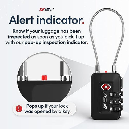 BV Luggage Locks TSA Accepted, Travel Sentry Approved 3-Digit Combination Suitcase Locks with Open Alert & Flexible Cable for Travel, Backpacks, Lockers, Cases, Black, 4 Pack - color: Black 4-Pack