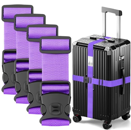 BILIONE Luggage Straps for Suitcases, Adjustable Lockable Suitcase Straps - color: Lucky Purple, size: 4 Pack