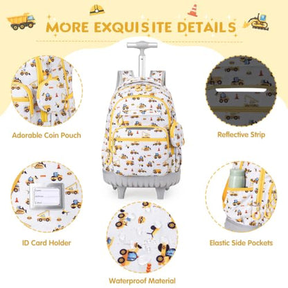 3 PCS Truck Rolling Backpack for Boys Girls with Lunch Bag - color: Grey Truck