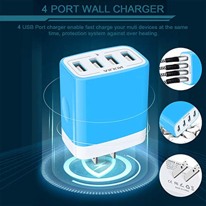 Wall Charger, USB Charger Adapter, 4.8A 4Multi Port Fast Charging Station - color: Blue