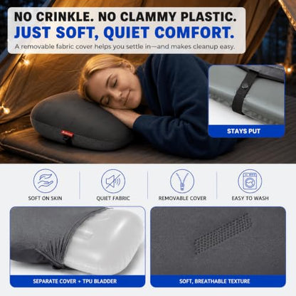 Hikenture Ultralight Inflatable Camping Pillow with Removable Cover, Grey - color: Gray