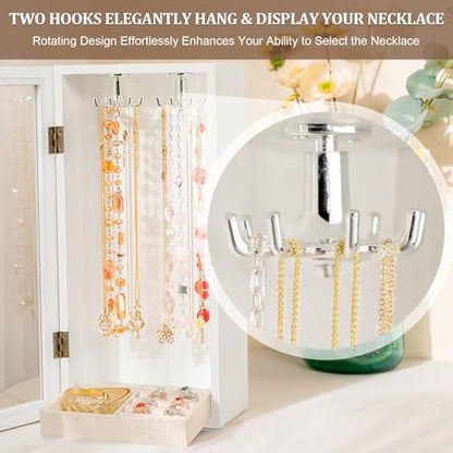 Necklace Holder Organizer with Rotating Hooks, Wooden Jewelry Box - color: White
