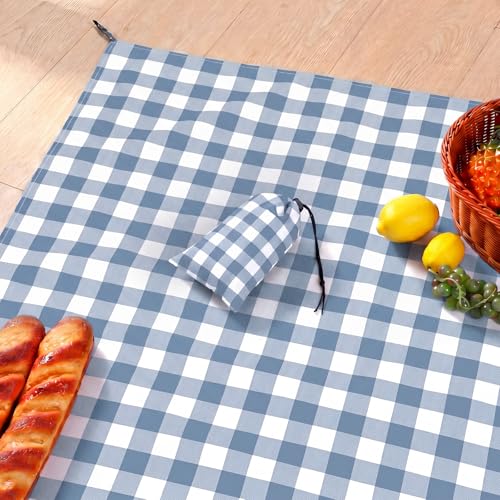 HunnmingRe Gingham Pocket Picnic Blanket Lightweight Portable, Dust Blue - color: Dust Blue, style: Gingham