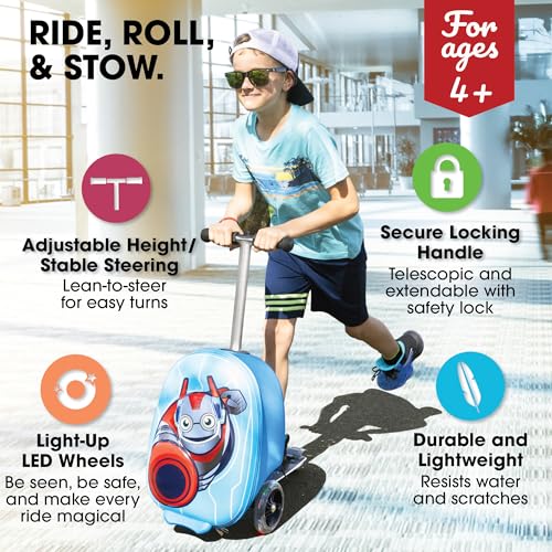 KIDDIETOTES Boys Ride-On Scooter Luggage, Hardside Travel Carry-On Suitcase - style: Superhero Robot