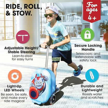 KIDDIETOTES Boys Ride-On Scooter Luggage, Hardside Travel Carry-On Suitcase - style: Superhero Robot