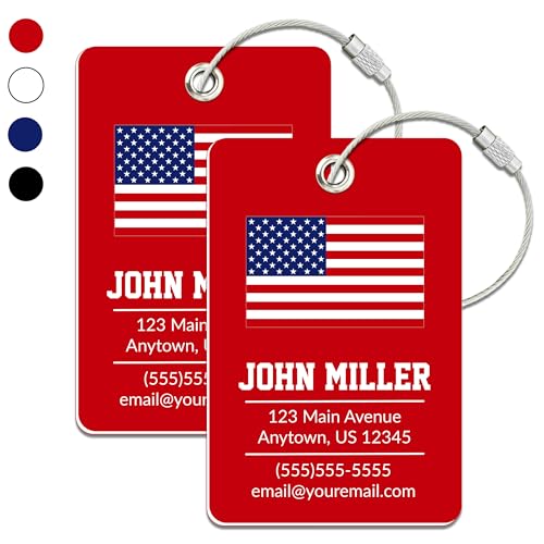 Personalized Luggage Tag with American Flag | 2 Pack | Custom Luggage Tags for Suitcases | Kids Backpack Tag | 4 Color Options & Choose Font, Font Color - color: Red, size: 2 pack - Large