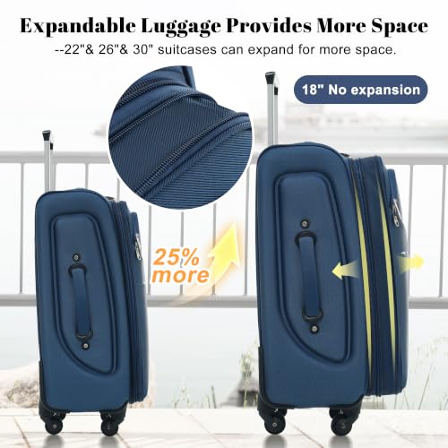 Merax 4-Piece Expandable Luggage Set,Softside Suitcase,Deep Blue - color: Deep Blue+18IN, style: Softside Luggage(22/26/30)