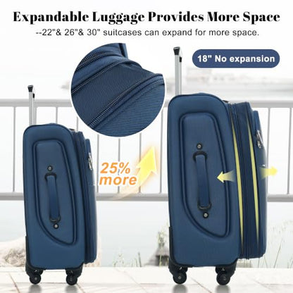 Merax 4-Piece Luggage Set 18/22/26/30,Softside Spinner Suitcase,Deep Blue - color: Deep Blue(18/22/26/30)
