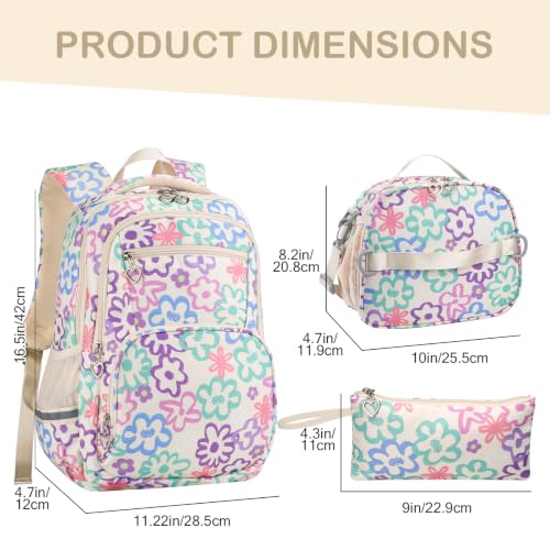 Rexmore Girls 3Pcs Backpack Set with Lunch Box & Pencil Case, Beige - color: Beige