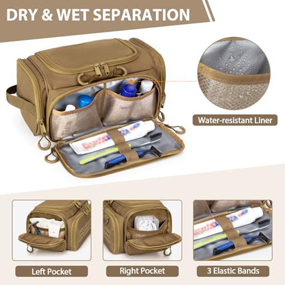 Tactical Toiletry Bag for Men, Hanging Hygiene Bag, Travel Dopp Kit - color: Khaki