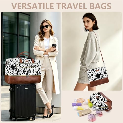 Large Women Travel Weekender Bag: Carry on Duffle with Shoe Compartment - color: Black Cow Print