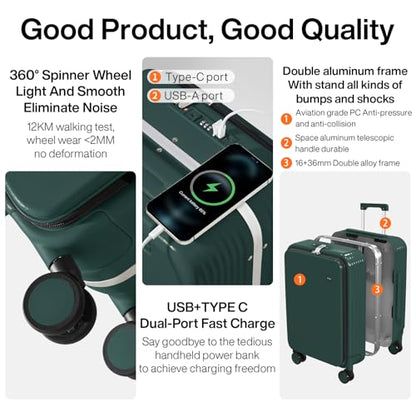 mixi Checked Luggage with Cup Phone Holder and Charger Hard Shell Suitcases with Spinner Wheels, 24 Inch Blackish Green - color: Blackish green, size: 24-inch