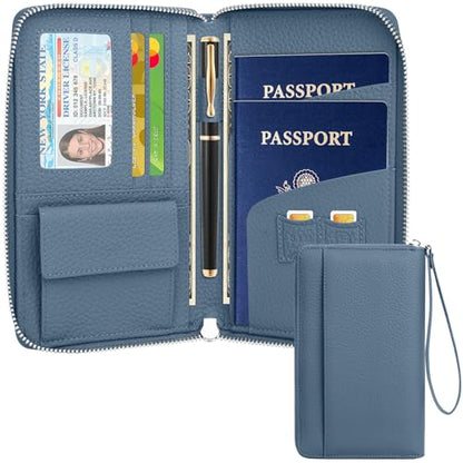 RFID Passport Holder for Travel Family with Coin Pocket, Blue - color: Blue