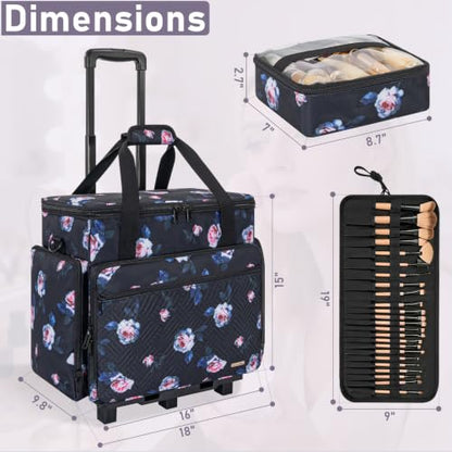 Extra Large Rolling Makeup Bag with Trolley and 4 Removable Pouches - color: Peony