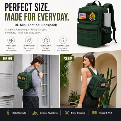 9L Mini Tactical Backpack for Men and Women, Gym Hiking Travel Daypack - color: Army Green