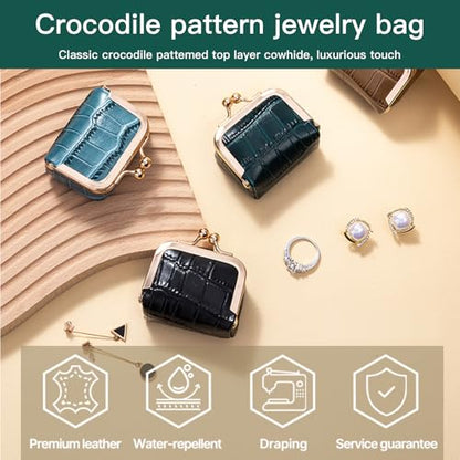 Travel Jewelry Organizer Case, Black Crocodile Pattern Faux Leather, Small Portable Jewelry Box with Kiss Lock Clasp, Rectangular Jewelry Roll for Women, 4 Compartments (Black, S) - color: Black