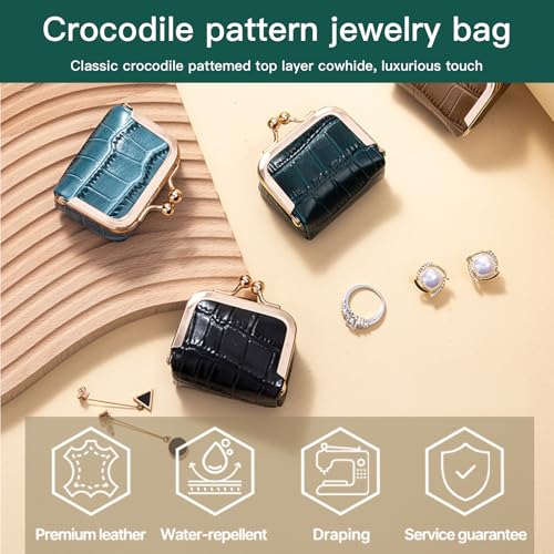 Mini Travel Jewelry Box Organizer with Crocodile Pattern, Premium Cowhide Leather, Rose Gold Kiss-Lock Clasp, Portable Storage Case, 2.56 x 1.77 x 1.38 Inches (Light purple, S) - color: Light purple