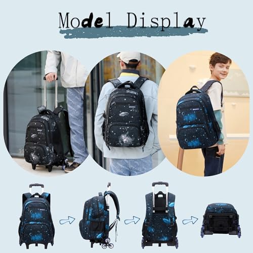 3Pcs Black Galaxy Boys Rolling Backpack Set with Insulated Lunch Bag, Multi-Pocket Trolley Elementary Bookbags School Bags on 6 Wheels - color: 3pcs-style B-galaxy-black