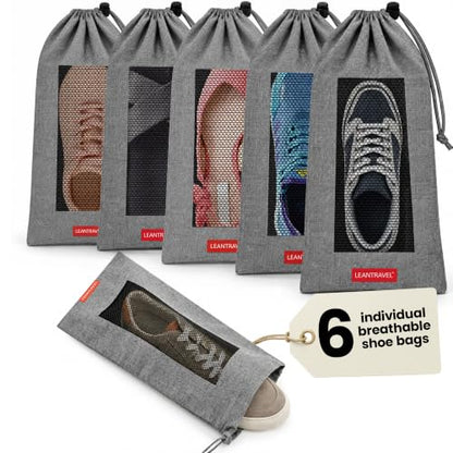 LeanTravel Shoe Bags with Mesh Window, Drawstring Cord Lock, Set of 6, Grey
