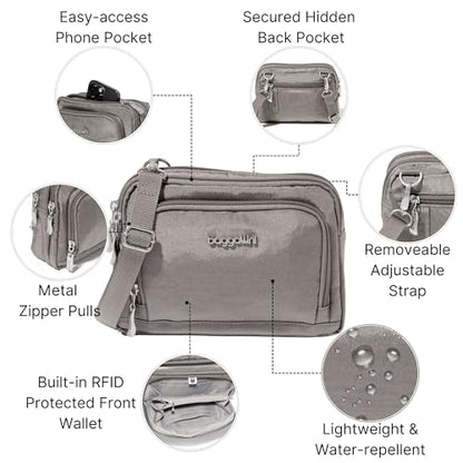 Baggallini Triple Zip with Front Wallet/Trifecta RFID Wallet Crossbody - color: Sterling Shimmer