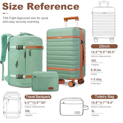 20" Carry On Luggage Set 3 Piece With Travel Backpack, YKK Zippers - color: Green, size: 3 Piece Set (20inch)