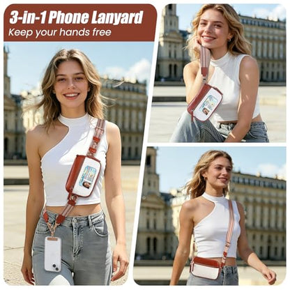 Clip and Go Strap For Phone with Leather Wallet Crossbody - color: Red Brown
