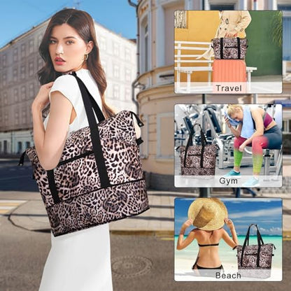 Expandable Duffel Bag for Women with Trolley Sleeve/Wet Pocket Weekender Travel Tote Large Carry On Overnight Luggage - color: Leopard