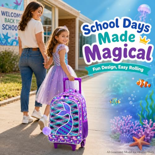 gxtvo Kids Rolling Backpack, Roller Wheels Boys Bookbag, Wheeled Suitcase Elementary School Bag-3PCS Dinosaur/Unicorn/Mermaid - color: Mermaid