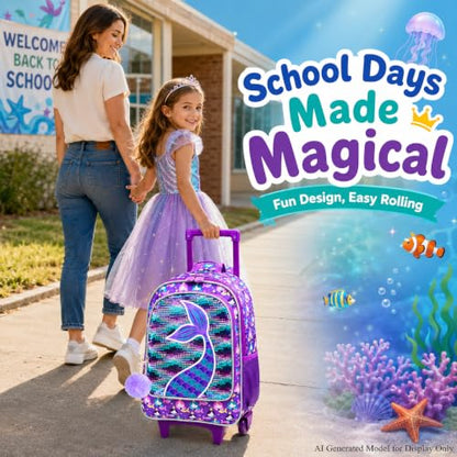 gxtvo Kids Rolling Backpack, Roller Wheels Boys Bookbag, Wheeled Suitcase Elementary School Bag-3PCS Dinosaur/Unicorn/Mermaid - color: Mermaid