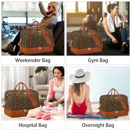 TIBES Travel Weekender Bag for Women, Overnight Bag with Shoe Compartment - color: Z-Olive Leopard