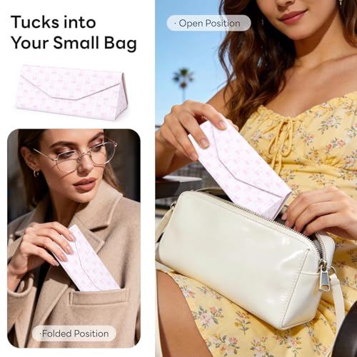 Sunglasses Case, Foldable Glasses Case, Magnetic PU Leather Hard Shell Folding Eyeglass Holder Box - color: Pink Bow