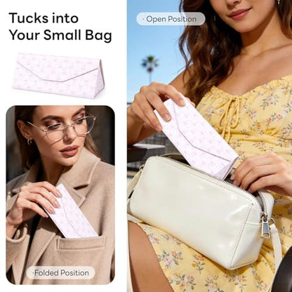 Sunglasses Case, Foldable Glasses Case, Magnetic PU Leather Hard Shell Folding Eyeglass Holder Box - color: Pink Bow
