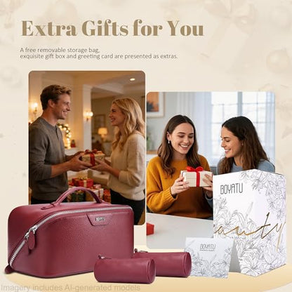 BOYATU Genuine Leather Travel Makeup Bag: Hand-made 3 Pcs Set Cosmetic Bags - color: 06Burgundy