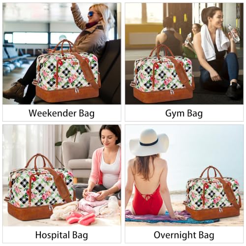 TIBES Travel Weekender Bag for Women, Overnight Bag with Shoe Compartment | 3PCS Large Travel Duffel Bag for Gym, Travel, Hospital, Business Trip, Carry On Tote, Wet & Dry Separation, Water Resistant - color: U-Plaid Rose