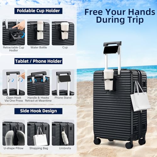 HanTrip 24 Inch Top Opening Hard Case Check in Luggage with Wheels, Black - color: Black, size: Expandable 24 Inch