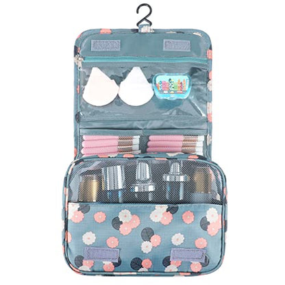 Hanging Toiletry Bag for Women, Portable Cosmetic Summer Beach Bag, Floral - color: Blue