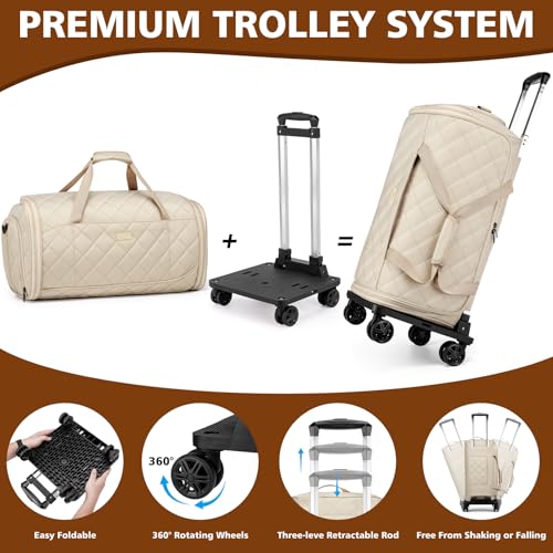 Rolling Garment Bag for Travel, 50L Duffle Bag with Shoe Compartment, 4pcs - color: Khaki