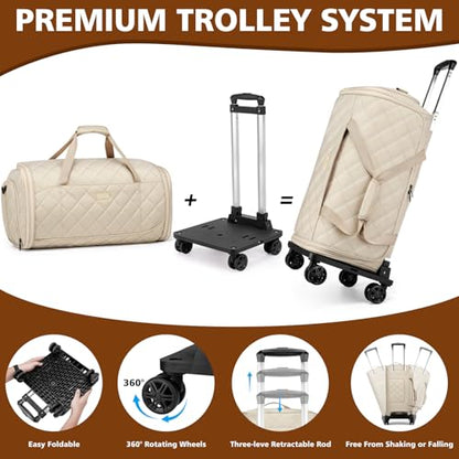 Rolling Garment Bag for Travel, 50L Duffle Bag with Shoe Compartment, 4pcs - color: Khaki