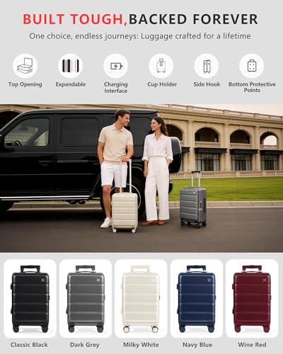 Expandable 20Inch Carry On Luggage Airline Approved - Top Opening Hardside Travel Suitcase Unbreakable -with Cup Holder,USB Charge,Side Pothook, 360°Spinner Wheels, TSA Lock, Wine Red - color: Wine Red, size: 20 IN