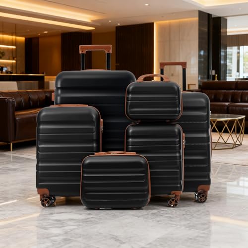 Merax Luggage Set 6 Piece, Hardshell Spinner Suitcases for Family Trips - color: Black Brown, style: 6-piece Set