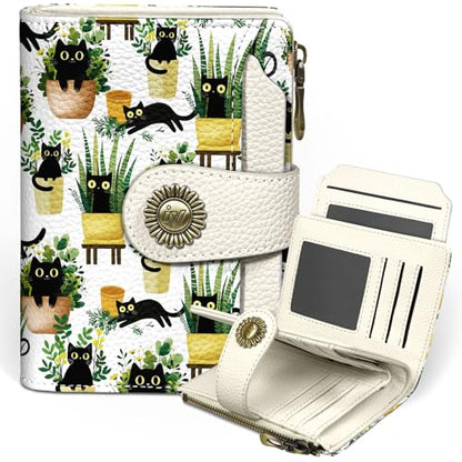 Icycay Cat Small Wallet Women RFID Blocking Bifold Cute Credit Card Holder - color: Cat Plant