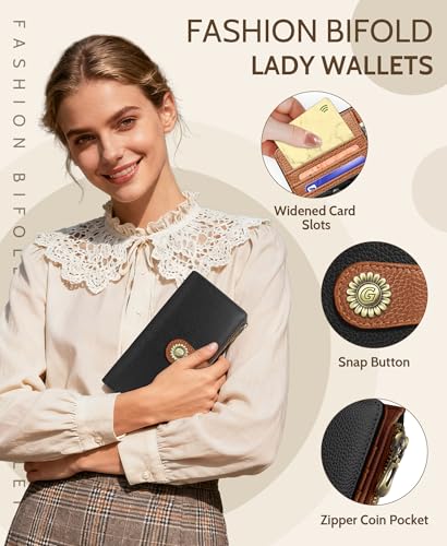 GIANCOMICS Black Caramel Womens Wallet RFID, Long Credit Card Holder Bifold - color: A Black and Pumpkin