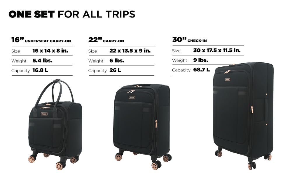 kensie Hudson Softside 3-Piece Spinner Luggage Set, Black with Rose Gold - color: Black with Rose Gold