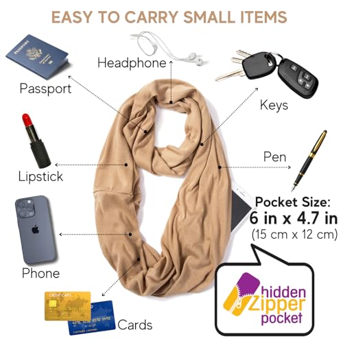 elzama Infinity Loop Solid Color Scarf With Hidden Zipper Pocket For Women - Lightweight Travel Neck Wrap - color: 10-camel