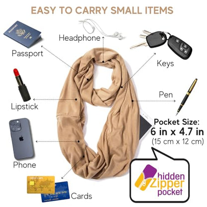 elzama Infinity Loop Solid Color Scarf With Hidden Zipper Pocket For Women - Lightweight Travel Neck Wrap - color: 10-camel