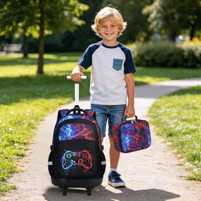 DIGOBAY Rolling Backpack for Boys, 3PCS Luminous Gamer Roller Backpack Set - color: Redblue